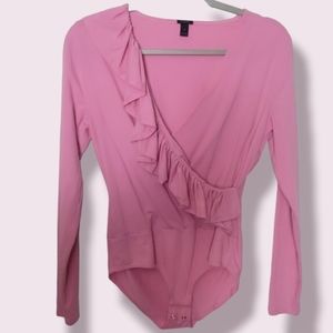 J. CREW Ruffle Faux Wrap Front Long Sleeve Pink Bodysuit Size Small